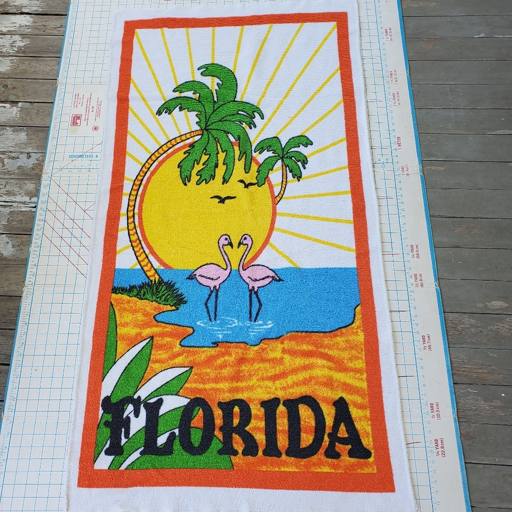 Florida Beach Towel Vintage Flamingo Sunset Sun Palm Tree 58"x31"